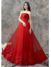 Strapless Beaded Red Lace Tulle Contemporary Evening Dress